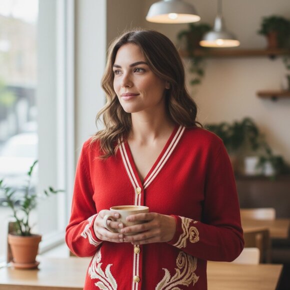 St. John Sport by Marie Gray Santana Knit Cardigan Red w/ Gold Crest Buttons - Picture 2 of 10